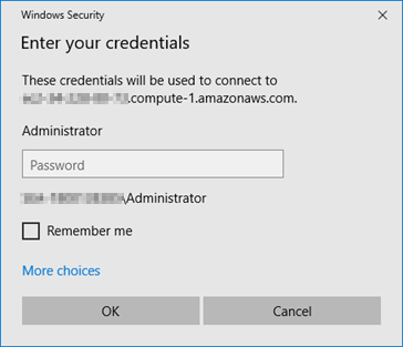 Microsoft リモートデスクトップ接続のパスワードプロンプト。