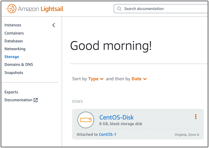 Lightsail コンソールのストレージセクション。