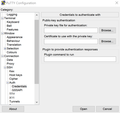 PuTTY および設定ダイアログの SSH 認証情報オプション