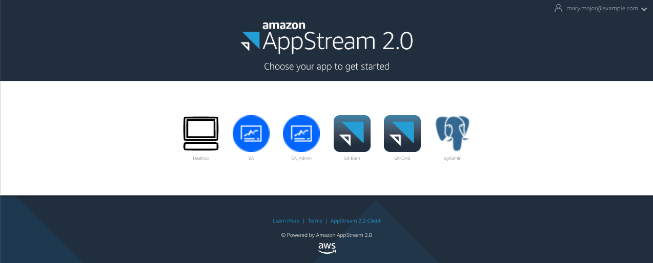 デスクトップアイコンを示すサンプル AppStream 2.0 ログイン画面。
