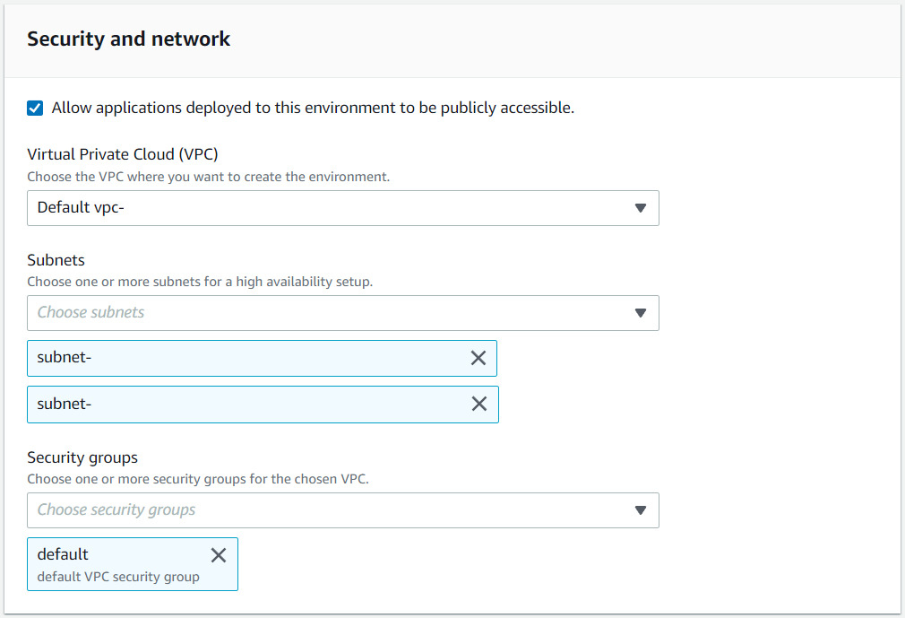 デフォルトの VPC と 2 つのサブネットが選択された AWS Mainframe Modernization Security and network セクション。