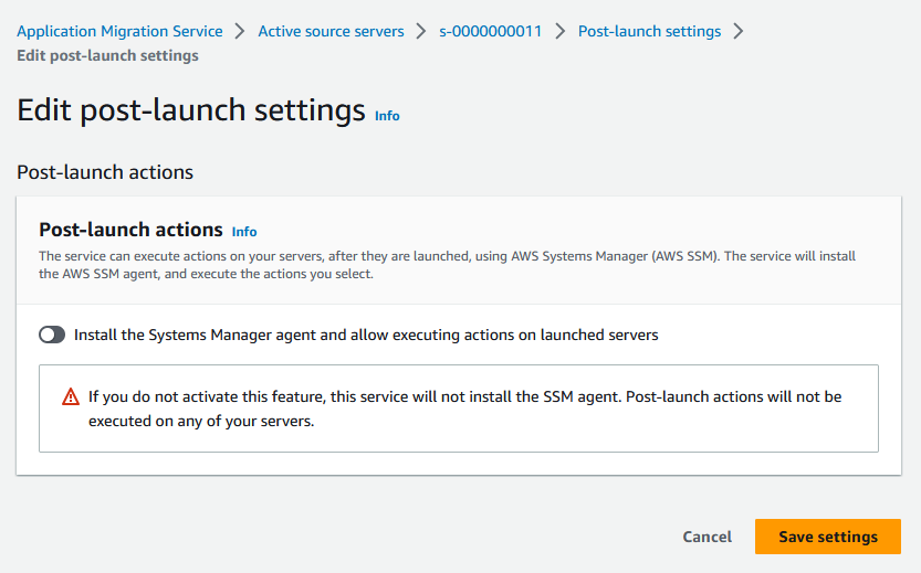 Post Launch Settings Application Migration Service