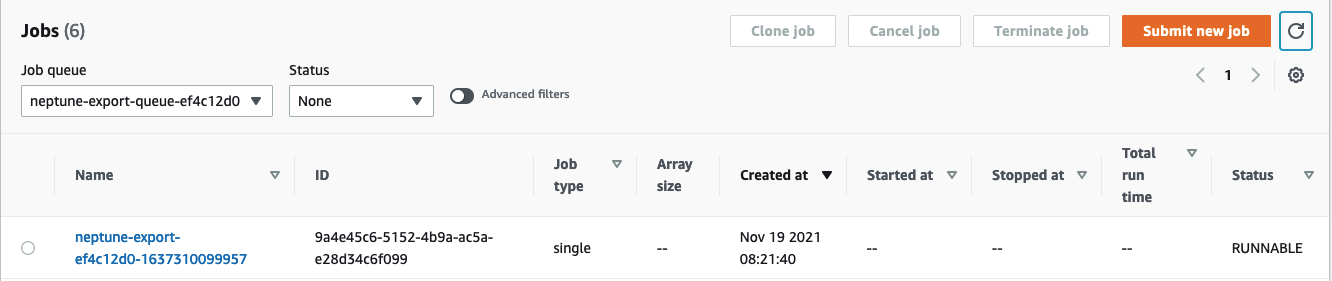 ステータスを確認するときの AWS Batch コンソールのスクリーンショット