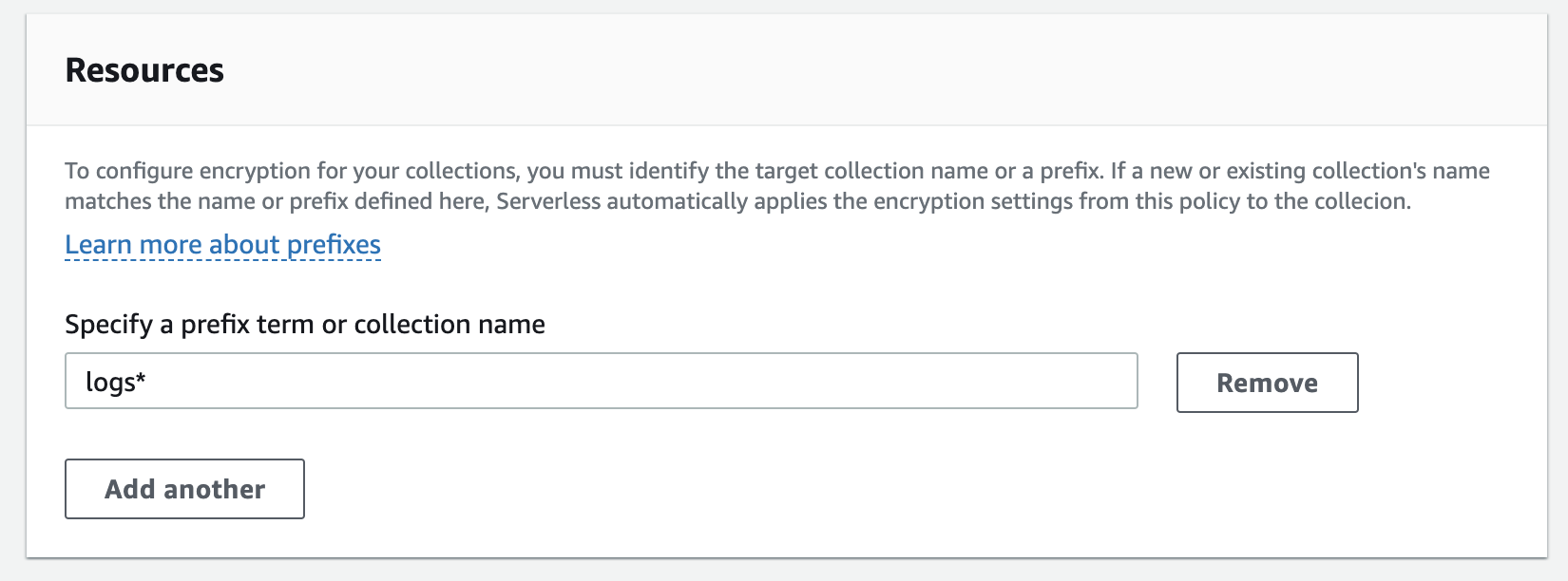 Input field for specifying a prefix term or collection name, with "logs*" entered.