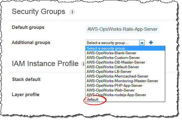 Security Groups section showing default and additional groups with a dropdown menu of AWS OpsWorks options.