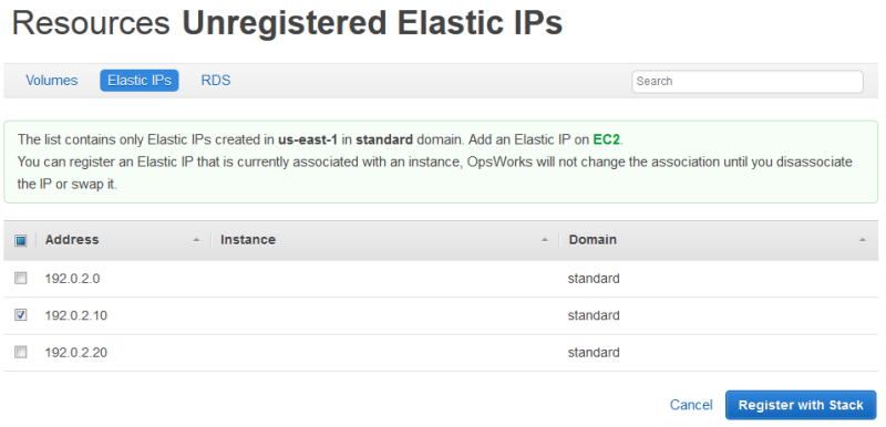 List of unregistered Elastic IP addresses with address, instance, and domain columns. (AI generated)