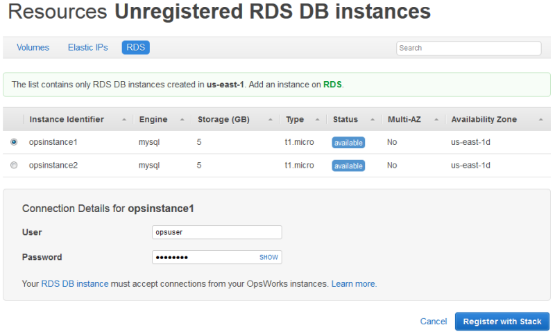 List of unregistered RDS DB instances with details like instance identifier, engine, storage size, type, status, and availability zone. (AI generated)