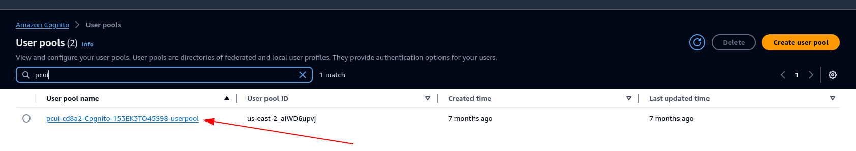 Cognito ユーザープールでユーザープール名を強調表示するスクリーンショット