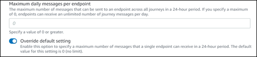 
                            エンドポイントあたりの最大日次メッセージ数の値、およびそれを上書きする方法のテキストボックスを示す例。
                        