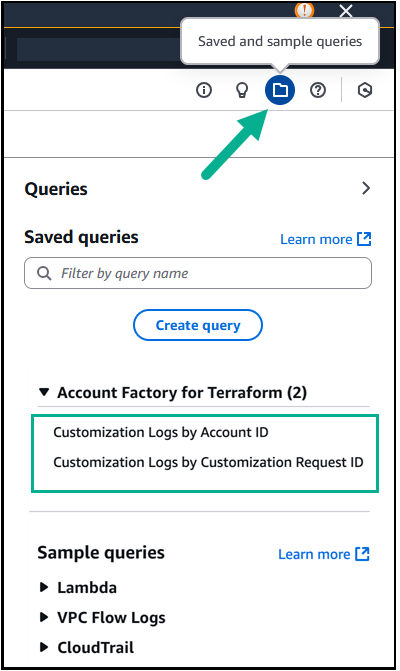 CloudWatch Logs Insights ダッシュボードでの AFT クエリへのアクセス。