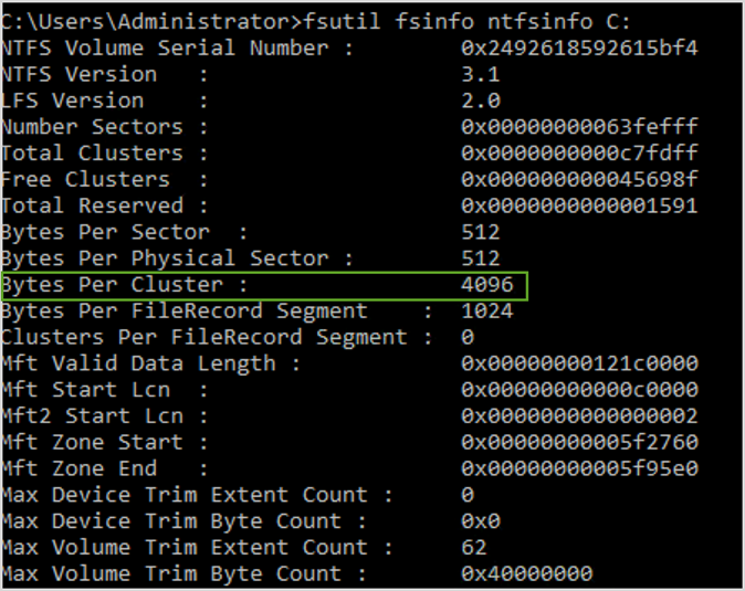 
          Checking NTFS allocation size: output from the command line
        