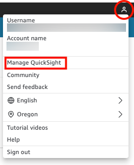 
                         QuickSight 「管理」メニュー。
                    