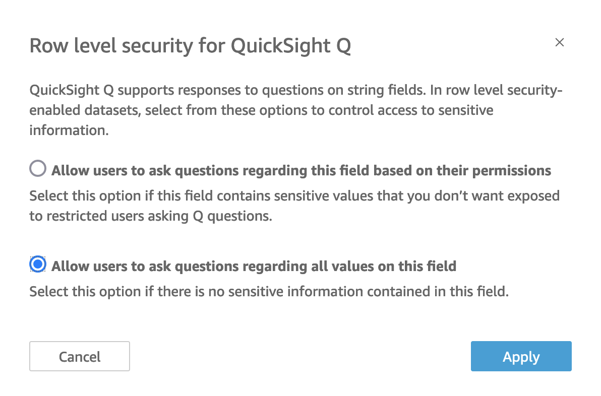 これは、 QuickSight Q メニューの行レベルのセキュリティページの画像です。