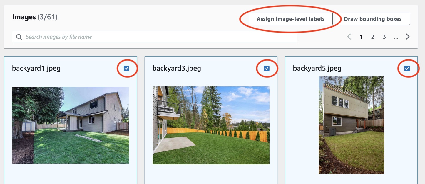 「Assign-image level labels」ボタンが付いた、住宅の裏庭の 3 つのイメージを示すインターフェイス。