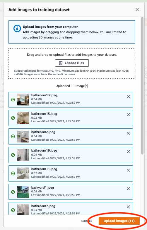 トレーニングデータセットにアップロードできるイメージサムネイルが 11 個表示されたグリッド。