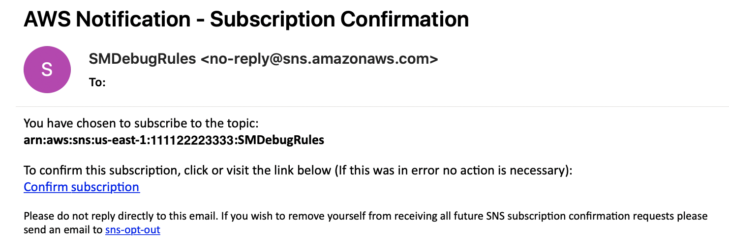 Amazon SNS SMDebugRules トピックのサブスクリプション確認 E メールメッセージ。