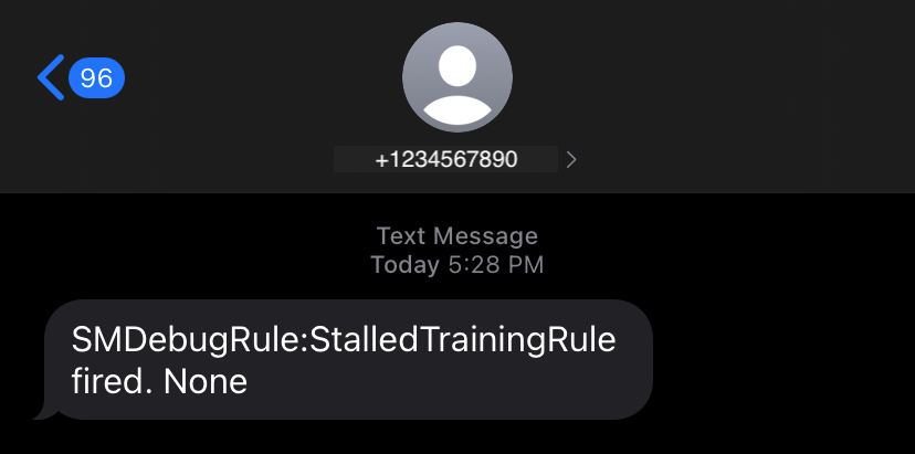 デバッガーが StalledTraining 問題を検出したときに送信されるテキスト通知の例。