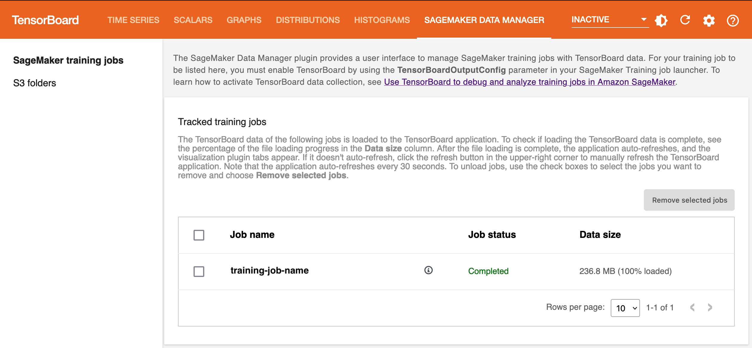 TensorBoard アプリケーションの SageMaker Data Manager タブにある Tracked training jobs セクションのスクリーンショット