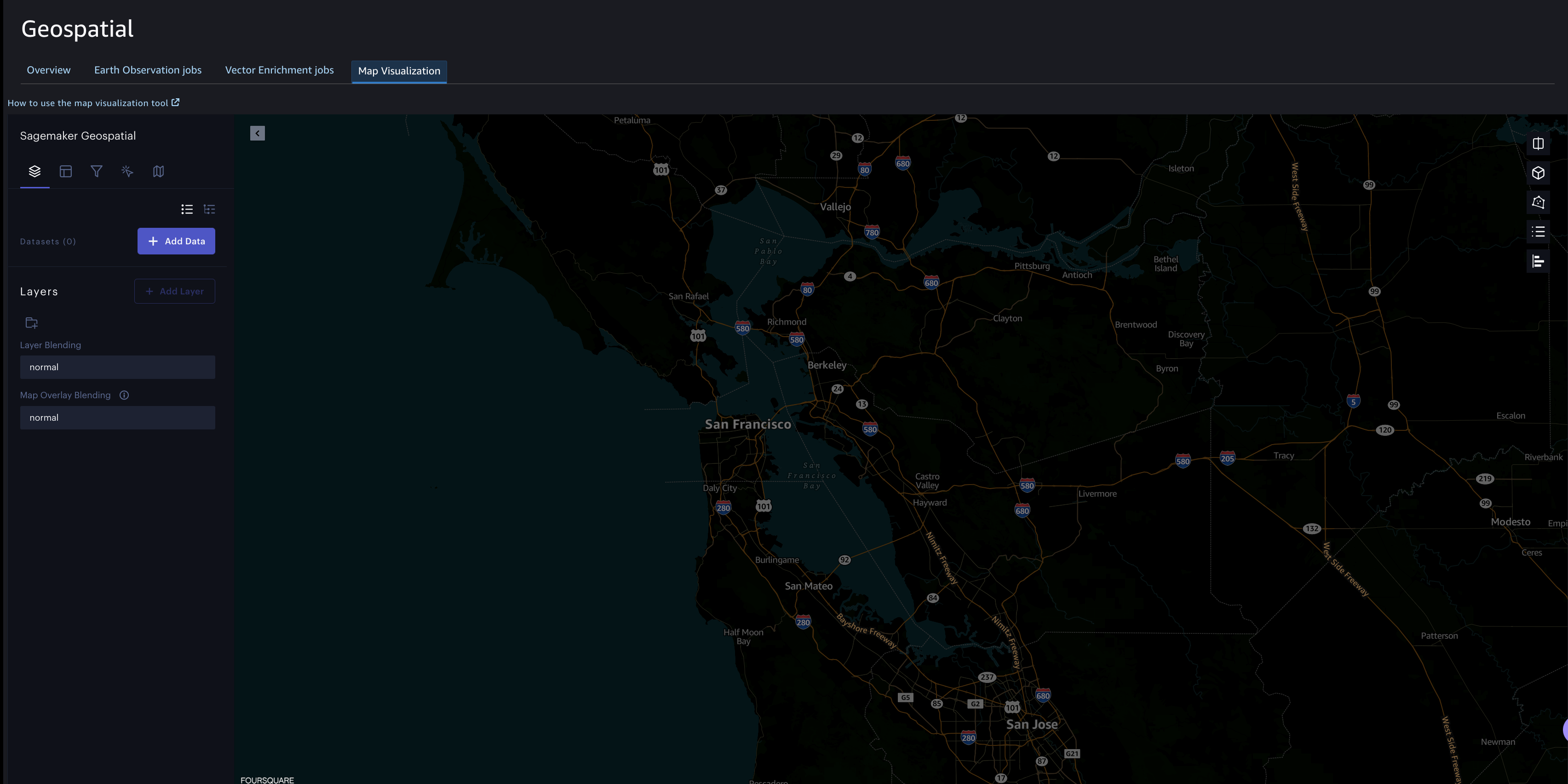 
             SageMaker 地理空間機能を使用する視覚化ツールには、カリフォルニア沿岸の地図が表示されます。
        
