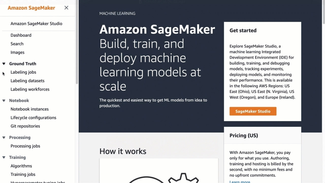 
                SageMaker ノートブックインスタンスの作成方法を示すアニメーションスクリーンショット。
            