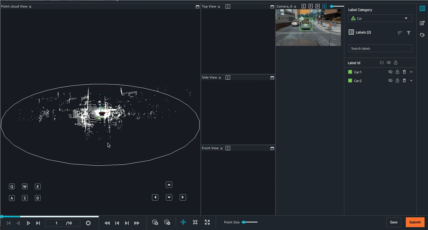 3D 点群の周囲の動きとストリートシーンを示す GIF。