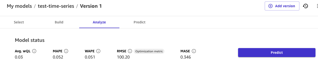 Canvas の [分析] タブの RMSE 最適化メトリクスのスクリーンショット。