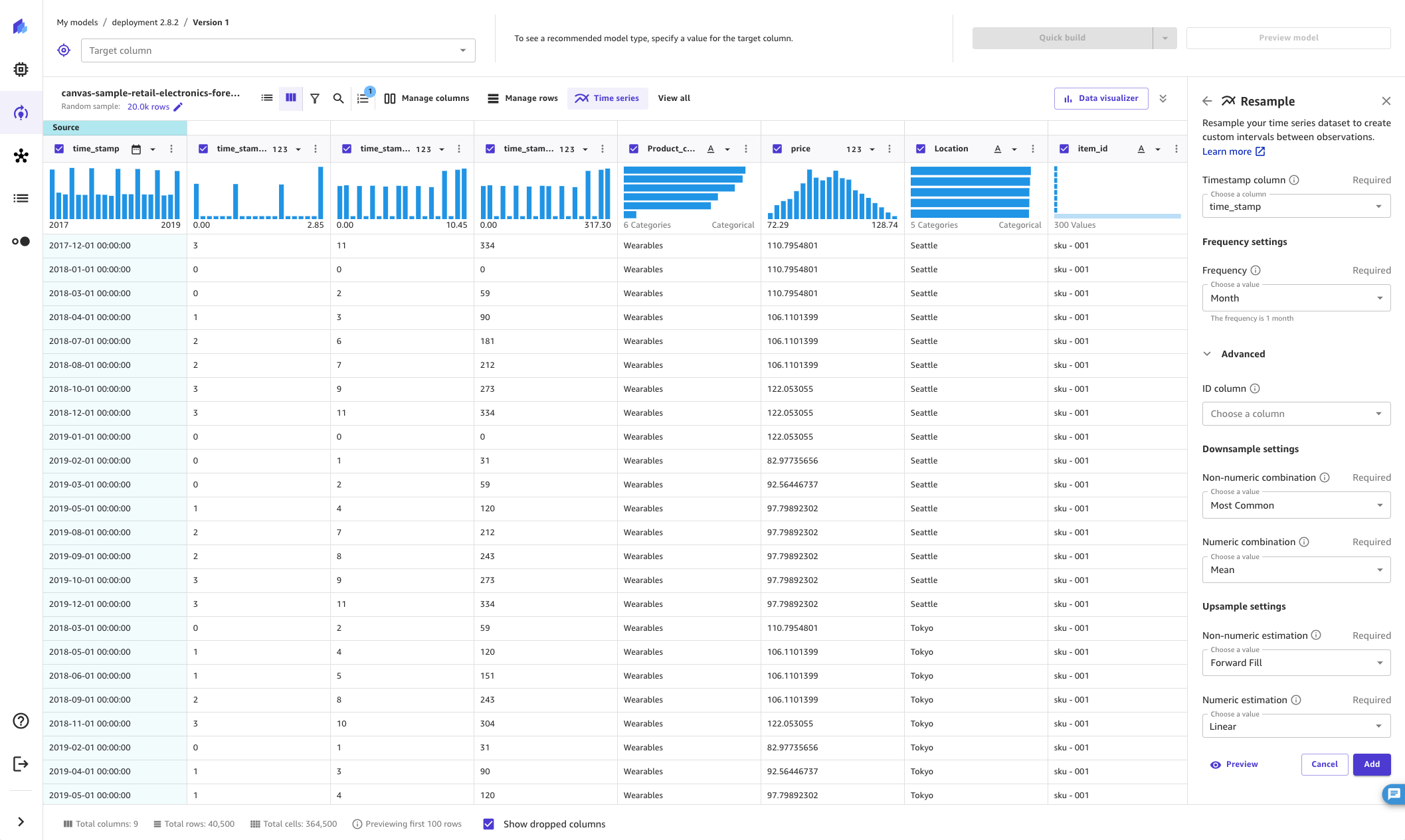 
     Canvas アプリケーションのスクリーンショット。時系列再サンプリングのサイドパネルに詳細オプションが表示されています。
    