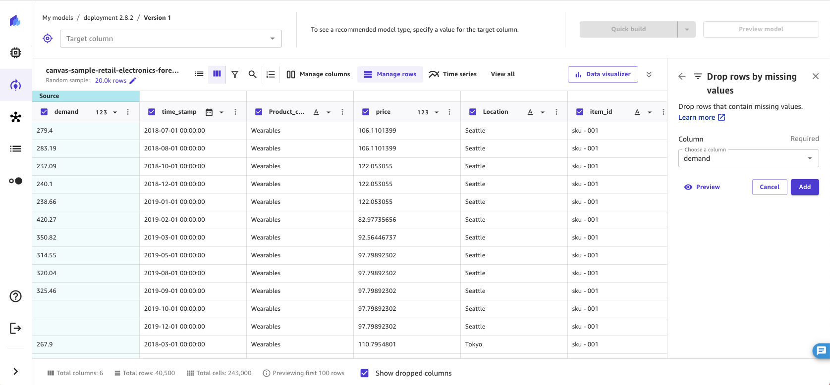 
       SageMaker Canvas アプリケーションの「欠損値による行の削除」操作のスクリーンショット。
     