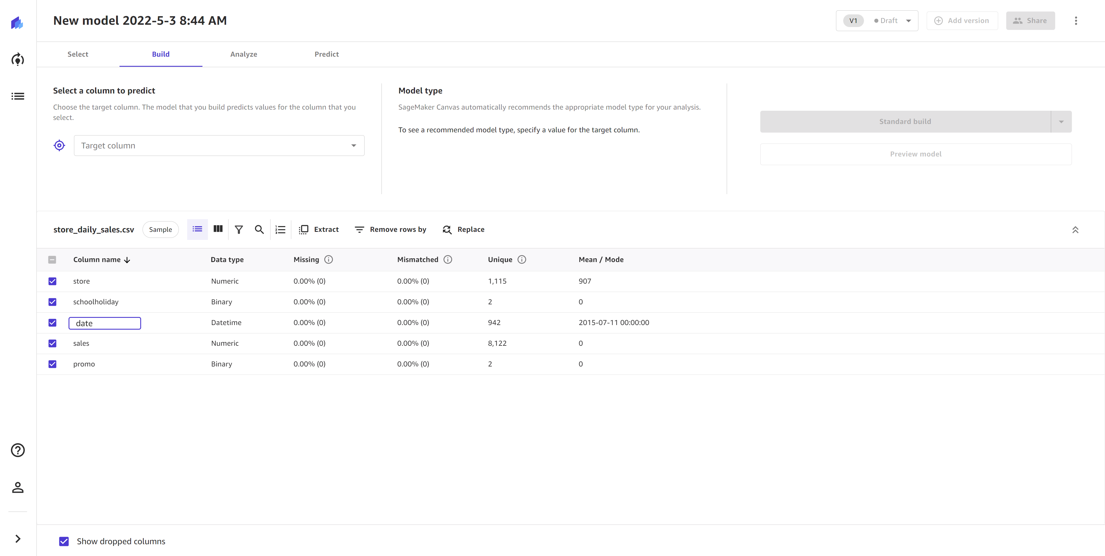 
      SageMaker Canvas アプリケーションでダブルクリックして列の名前を変更するスクリーンショット。
    