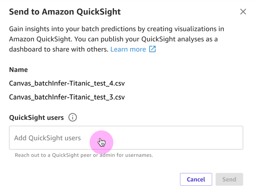 
                            データセット名と Amazon  QuickSight  ユーザー名のフィールドを含む Send to Amazon QuickSight; ダイアログボックスのスクリーンショット。
                        