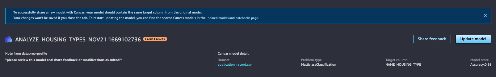 
                 SageMaker モデルがCanvasから共有されたことを示すStudioのモデル詳細ページの上部にあるバナーのスクリーンショット。
            