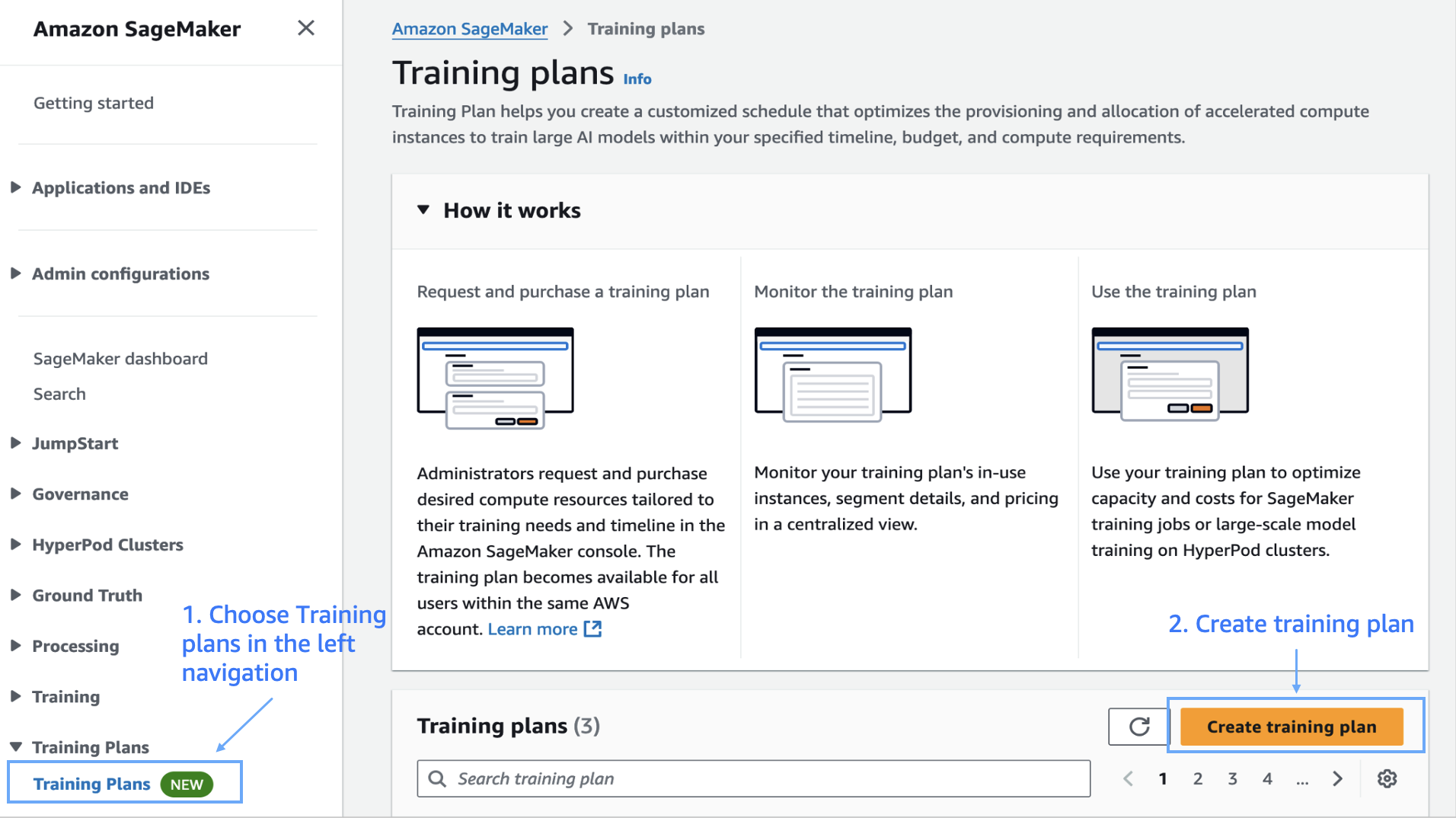 トレーニングプランページを表示する SageMaker AI コンソール。インターフェイスには、プランをリクエスト、モニタリング、使用するステップなど、トレーニングプランの仕組みに関する情報が表示されます。左側のナビゲーションペインで「トレーニングプラン」オプションが強調表示され、「トレーニングプランの作成」ボタンがメインコンテンツエリアに表示されます。