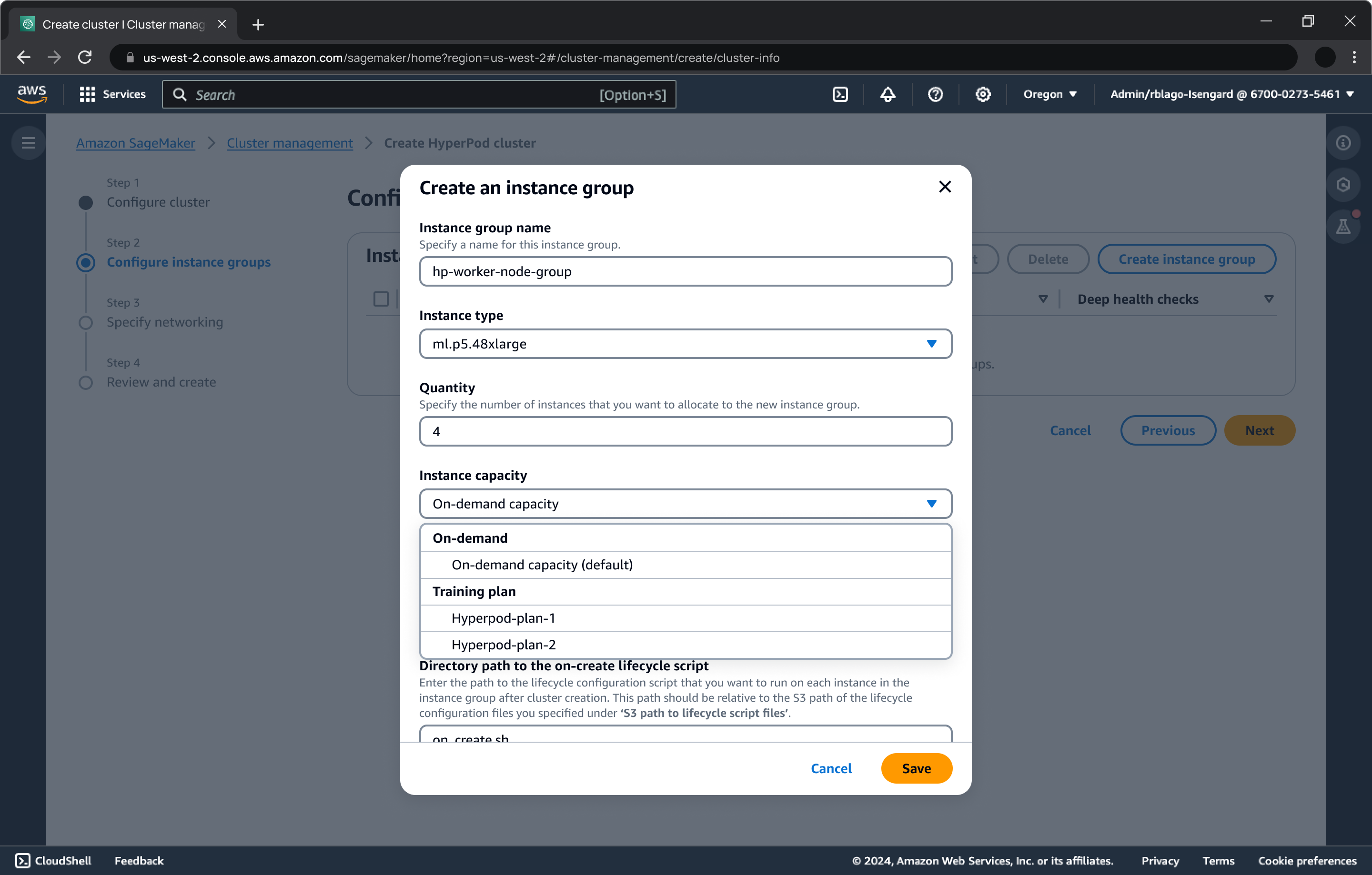 SageMaker HyperPod クラスター内にインスタンスグループを作成するためのモーダルウィンドウを示す SageMaker AI コンソールインターフェイス。フォームには、インスタンスグループ名、インスタンスタイプ、数量、インスタンス容量 (オンデマンドプランとトレーニングプランのオプションを含む）、および作成時のライフサイクルスクリプトのディレクトリパスのフィールドが含まれます。
