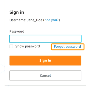 
                   AWS アクセスポータルで強調表示されたパスワードを忘れた場合のリンク。
               