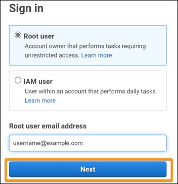 
                  ルートユーザーが自分の E メールアドレスを に入力します AWS Management Console。
               