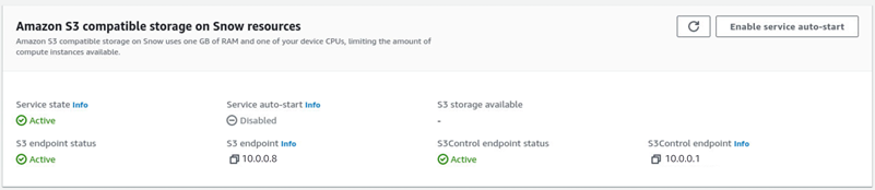 [Snow リソースの Amazon S3 互換ストレージ] エリアの右上に [サービスの自動起動を有効にする] が表示されています。