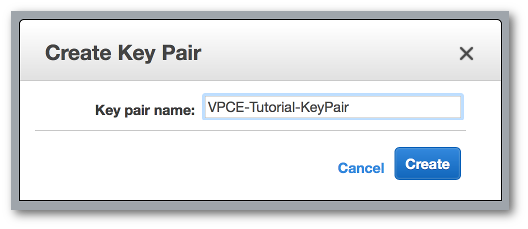 キーペア名フィールドのVPCE「-Tutorial-KeyPair」というテキストを含むキーペアの作成ウィンドウ。