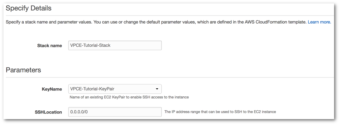 スタック名、、および の入力値フィールドを表示する KeyName詳細の指定ページSSHLocation。