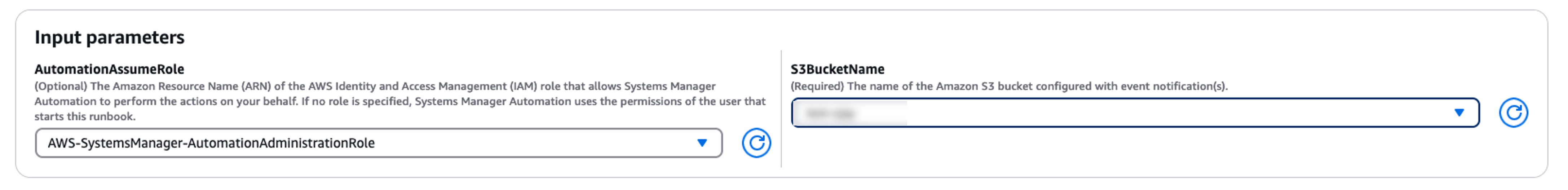 AWSSupport-TroubleshootS3EventNotification ランブックの実行入力パラメータ。