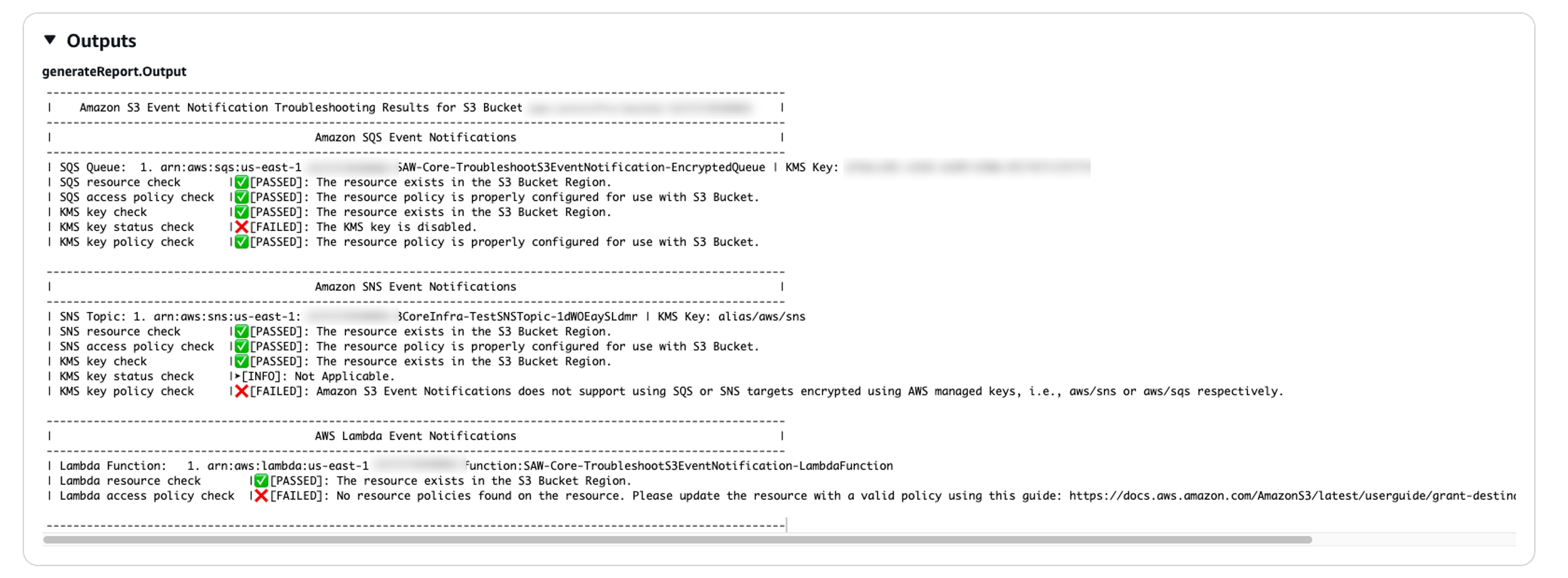 AWSSupport-TroubleshootS3EventNotification ランブックのサンプル実行出力。
