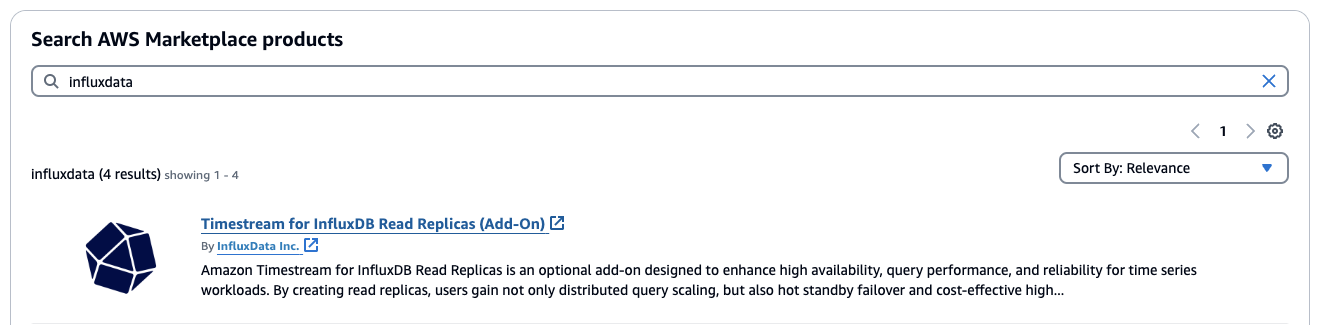 InfluxDB リードレプリカアドオンのタイムストリームが AWS Marketplace 検索に表示されます。