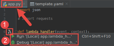 コードファイルの関数ハンドラーから開始し、Lambda 関数のローカル バージョンの実行またはデバッグを行う