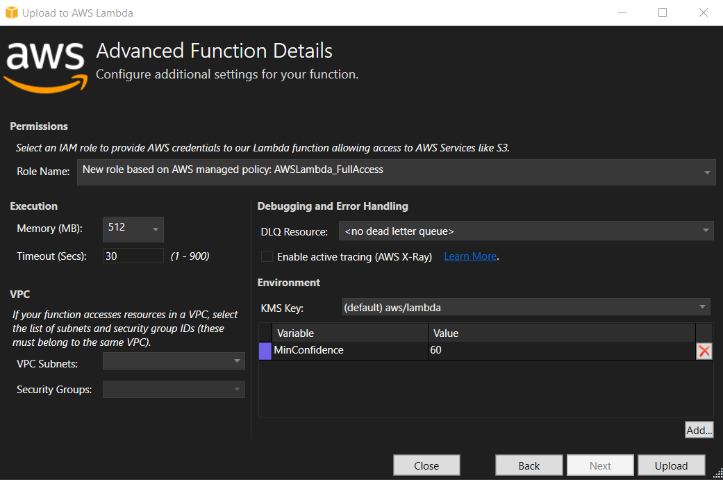 AWS Lambda function configuration with settings for role, memory, timeout, dead letter queue, and environment variable. (AI generated)