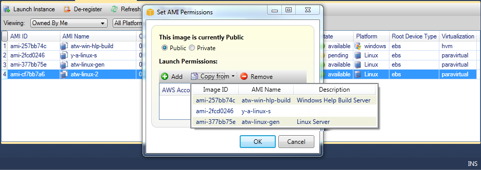 AMI management interface showing launch permissions and public/private settings for Linux instances.