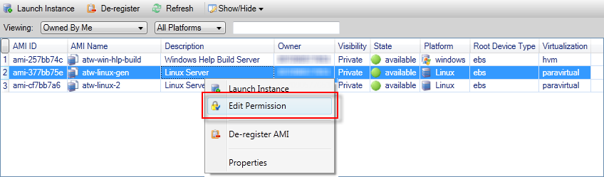 Context menu for an AMI in AWS Explorer with "Edit Permission" option highlighted.