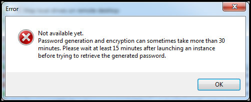 Error dialog indicating password generation and encryption may take over 30 minutes.