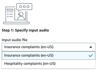 Amazon Transcribe コンソールのスクリーンショット: デモの入力音声のドロップダウン選択。