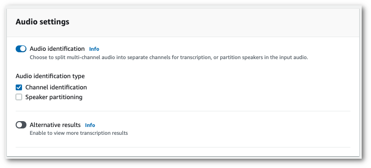 Amazon Transcribeコンソールの「ジョブの設定」ページ。「オーディオ設定」パネルでは、チャンネル識別を有効にできます。