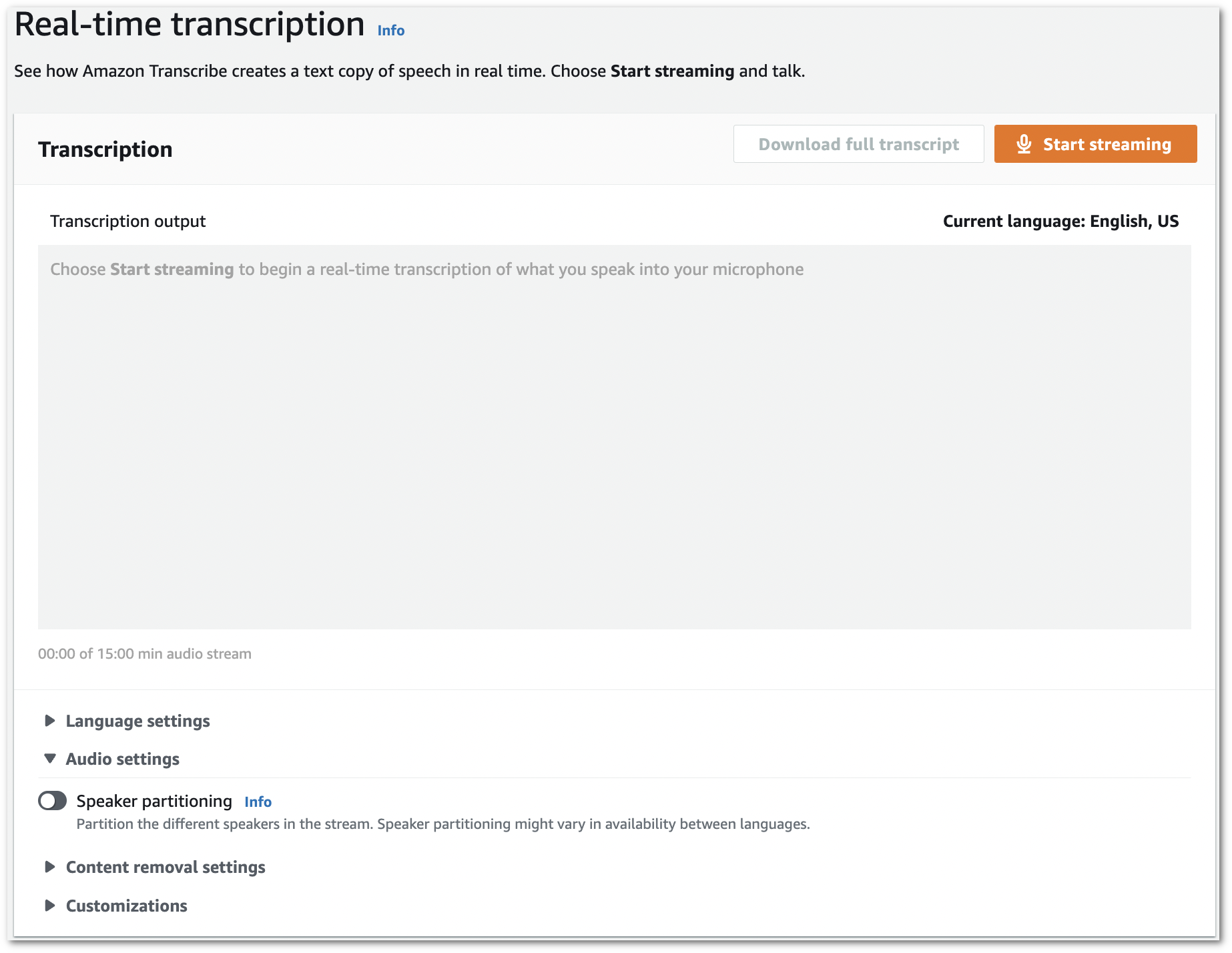 Amazon Transcribe コンソールのスクリーンショット: 「リアルタイム文字起こし」ページの「オーディオ設定」タブ。