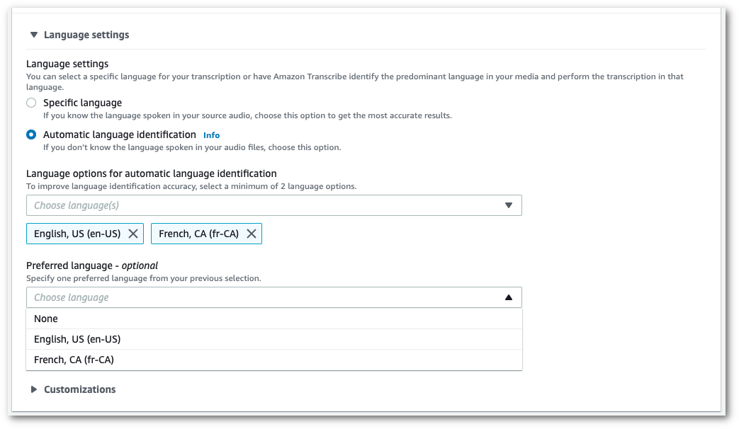 Amazon Transcribe コンソールのスクリーンショット: 「言語設定」パネルと優先言語オプション。